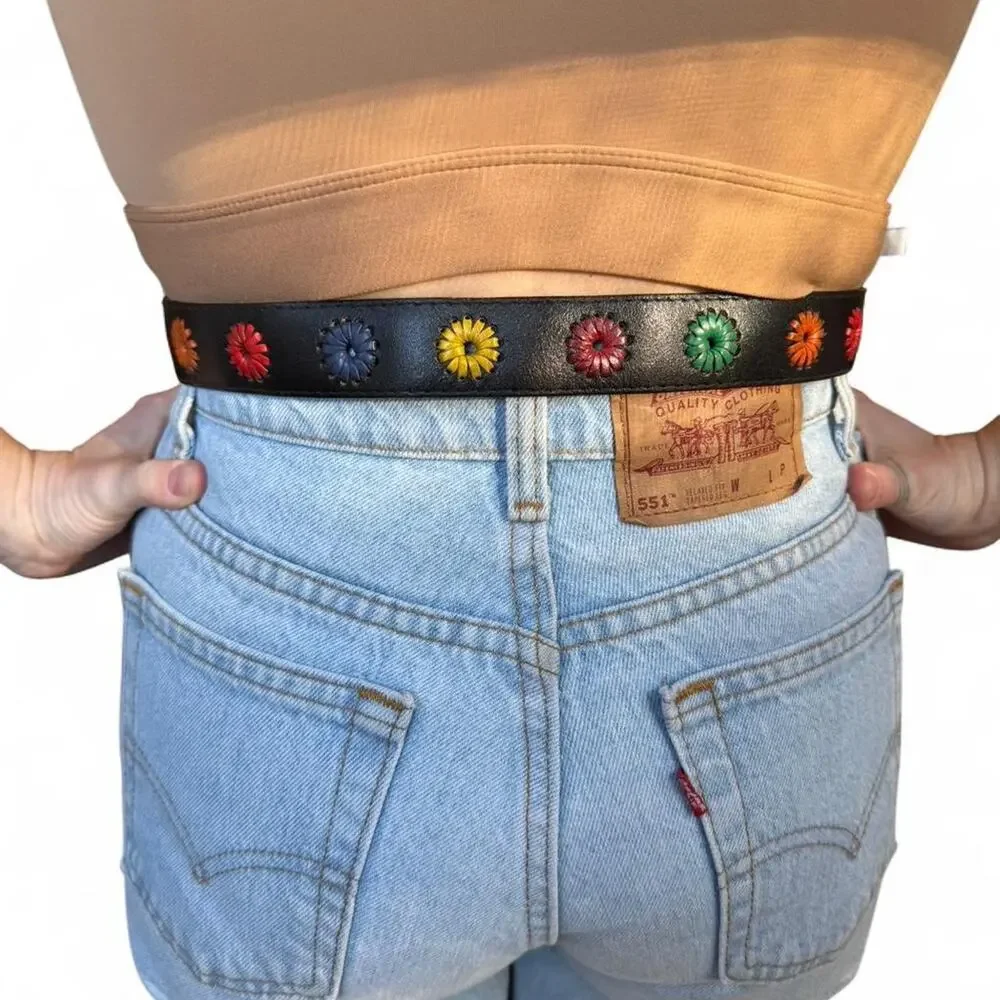 vintage Black leather Liz Claiborne belt with colorful floral details